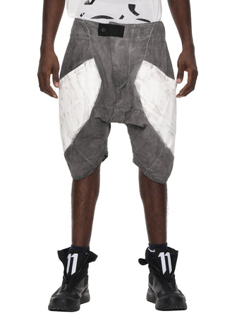 VOLCANIC GRAY DYED PANEL PRINTED LINEN SHORTS