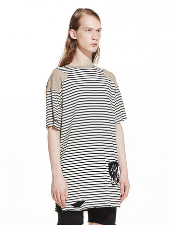EMBROIDERY/PRINT PATCH DISTRESSED DETAILS STRIPED T-SHIRT - HAMCUS