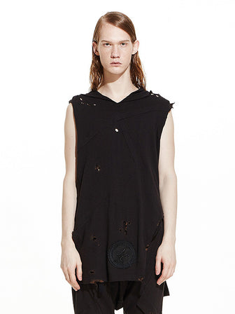 "HATE" BURN-OUT DETAILS SLEEVELESS HOODED TANK TOP - HAMCUS