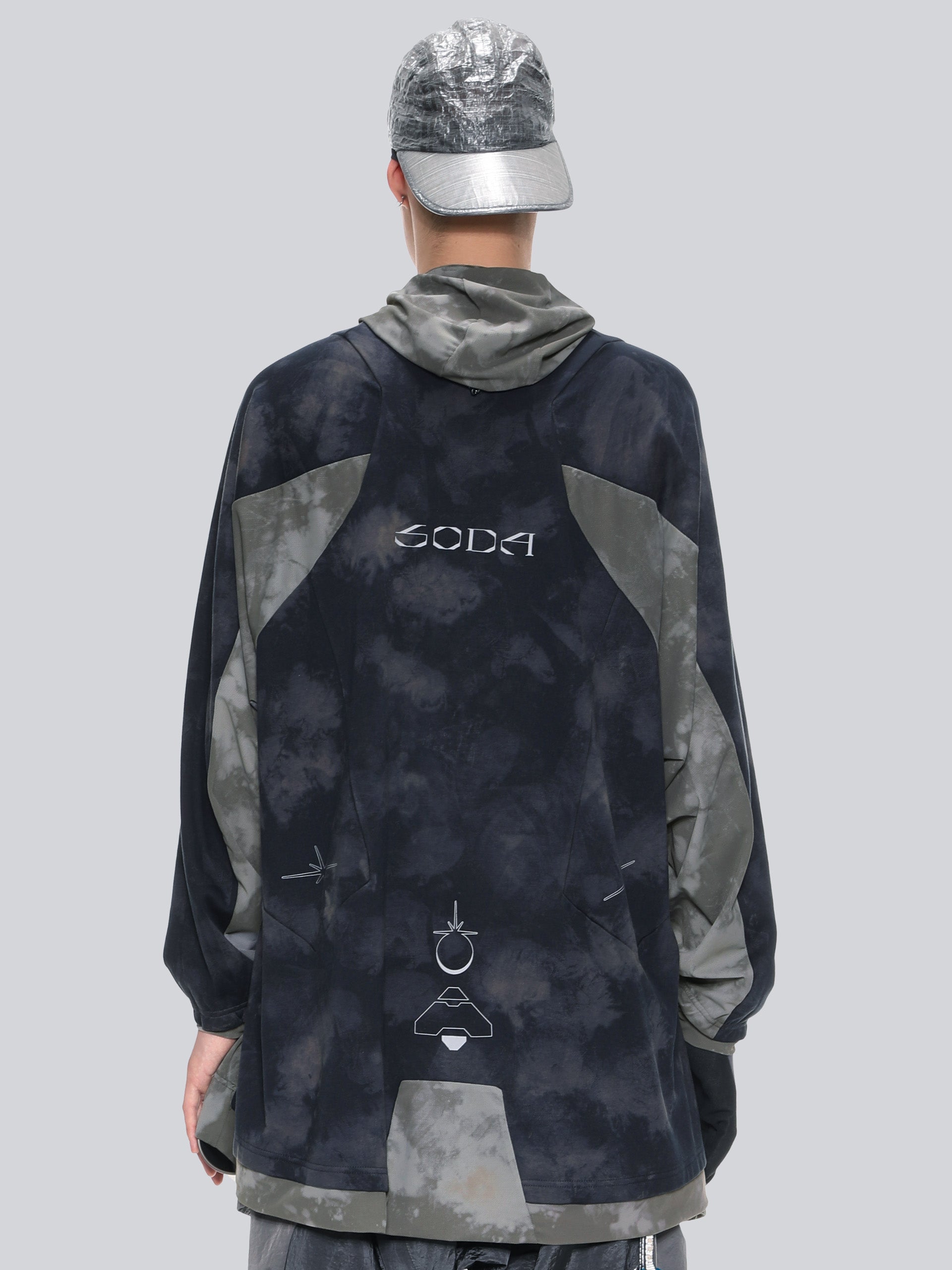 Printed Contrast Knit Panel Hoodie