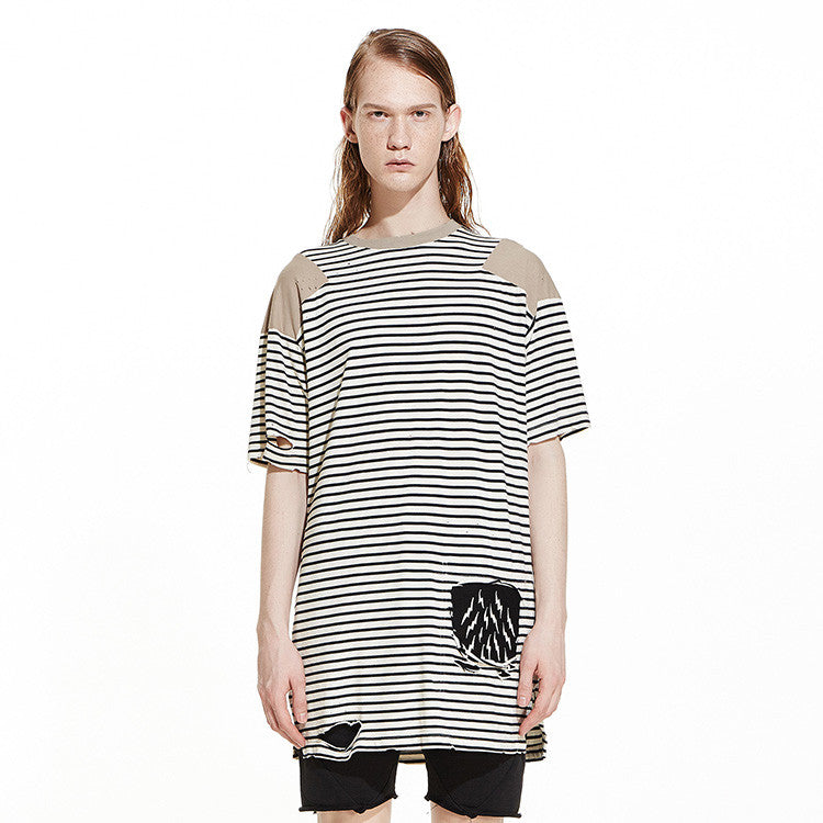 EMBROIDERY/PRINT PATCH DISTRESSED DETAILS STRIPED T-SHIRT - HAMCUS