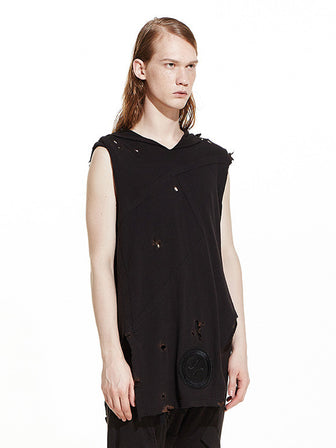 "HATE" BURN-OUT DETAILS SLEEVELESS HOODED TANK TOP - HAMCUS