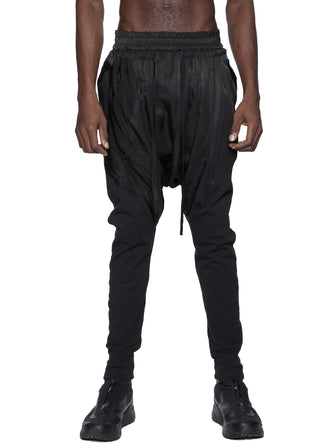 DROP-CROTCH GEOCUT KNIT CALVES PANEL SAROUEL PANTS / BLACK